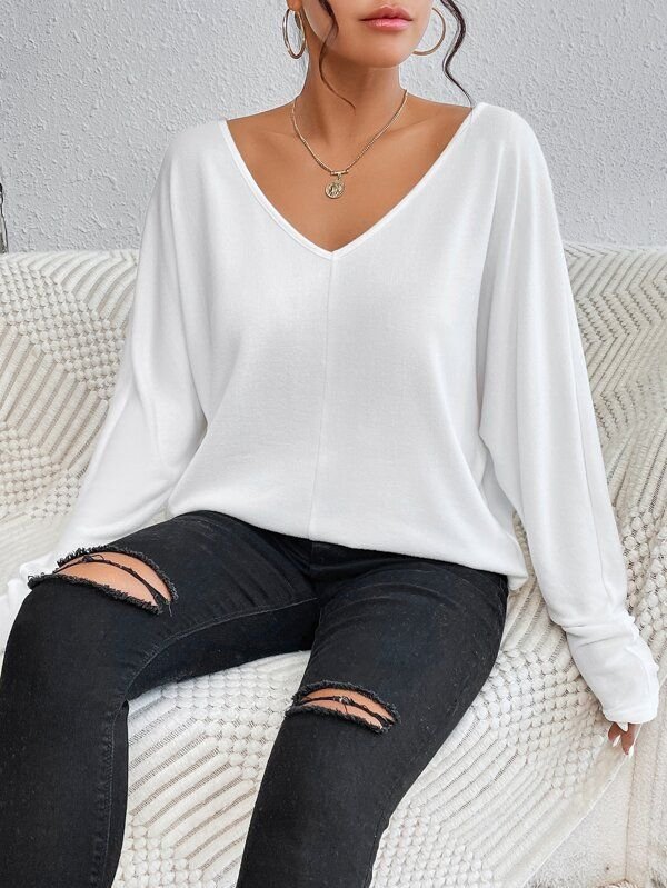 Frenchy Solid V Neck Batwing Sleeve Tee