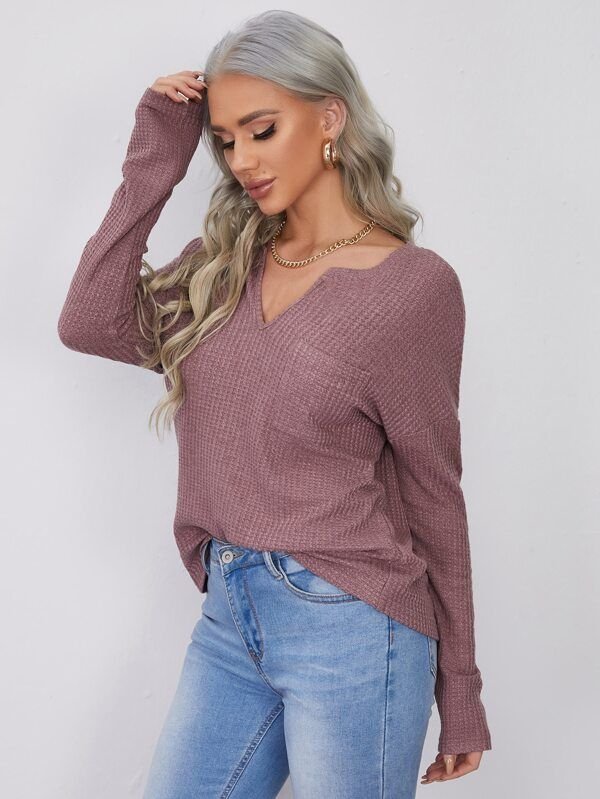 Notched Neck Pocket Front Waffle Knit Top